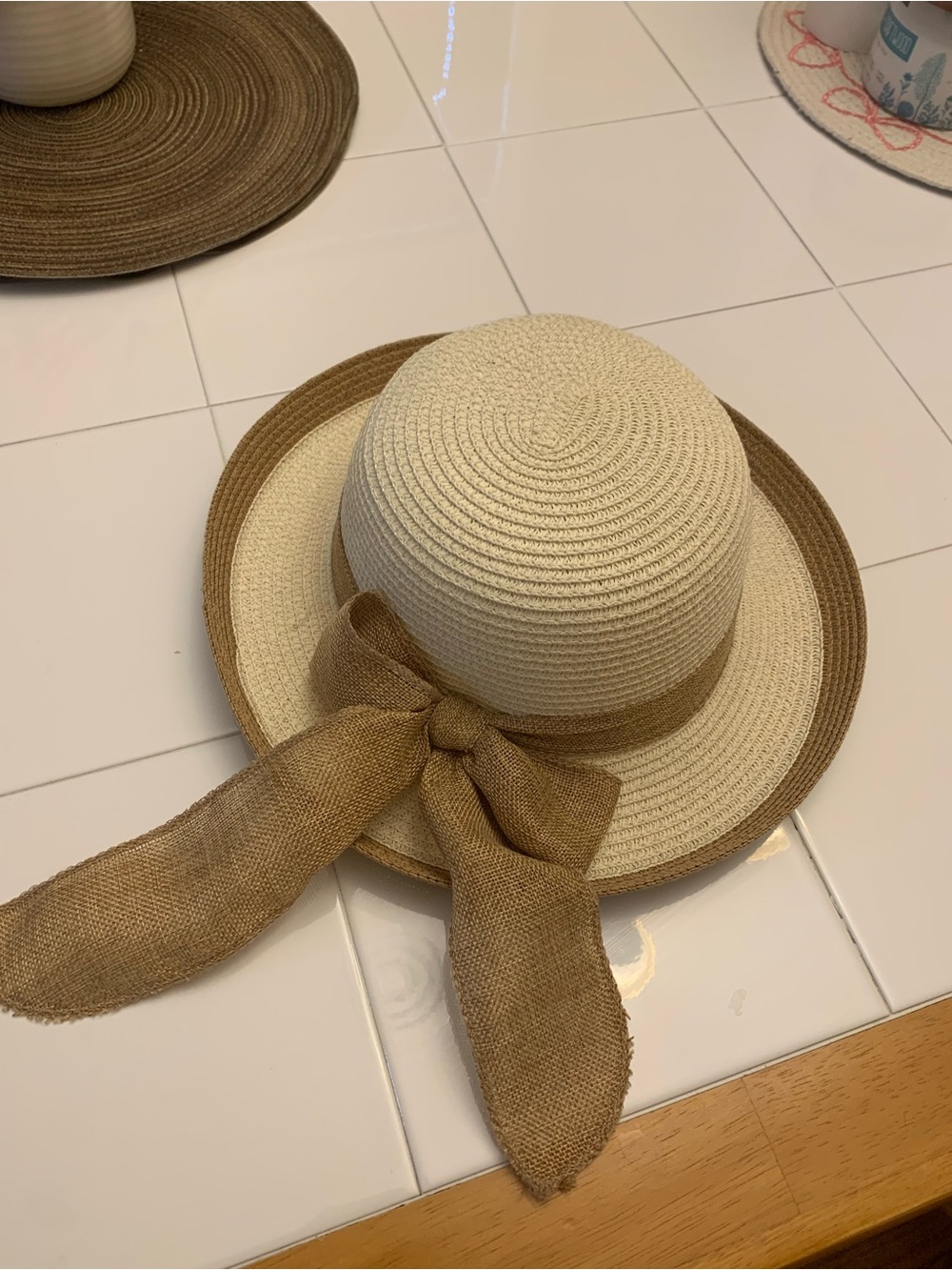 Straw Sun Hat with Wide Burlap Bow - Cream and Brown